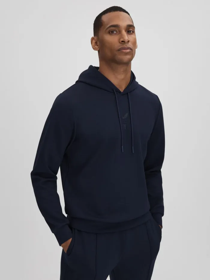 Men Reiss Knitwear Chase Castore Jersey Drawstring Hoodie Midnight Navy