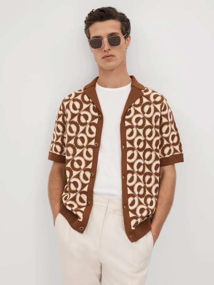 Men Reiss Knitwear Frenchie Crochet Cuban Collar Shirt Tobacco