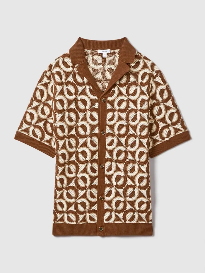 Men Reiss Knitwear Frenchie Crochet Cuban Collar Shirt Tobacco