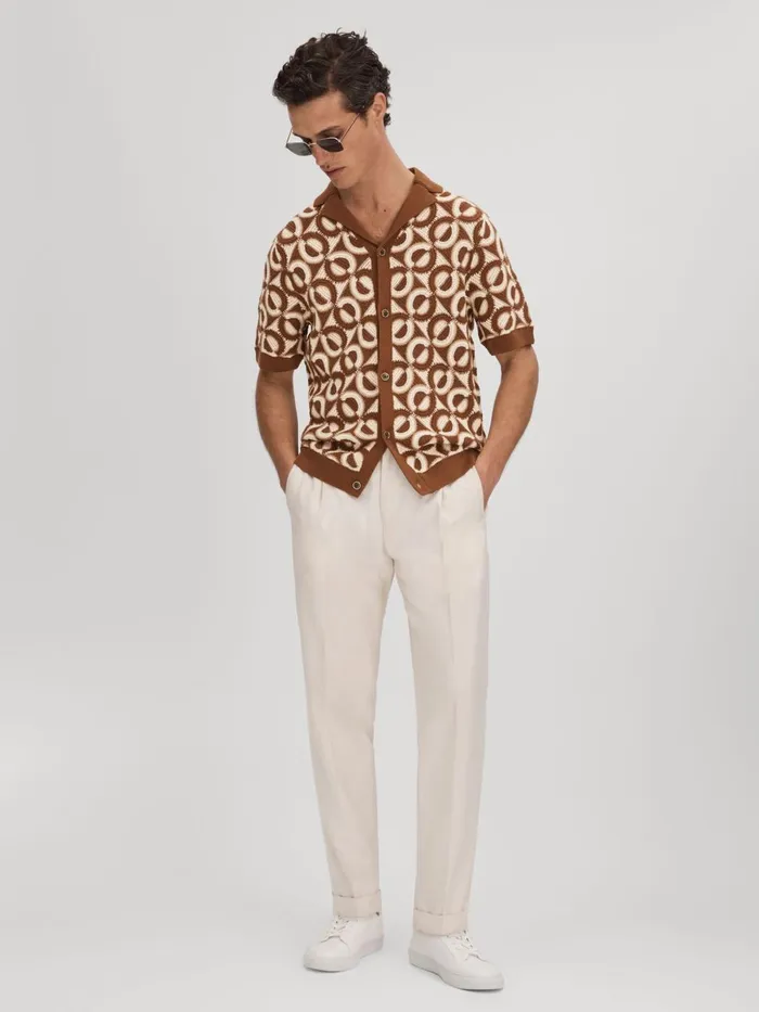 Men Reiss Knitwear Frenchie Crochet Cuban Collar Shirt Tobacco