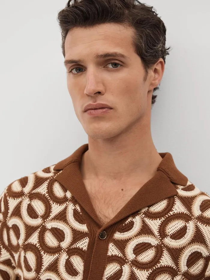 Men Reiss Knitwear Frenchie Crochet Cuban Collar Shirt Tobacco