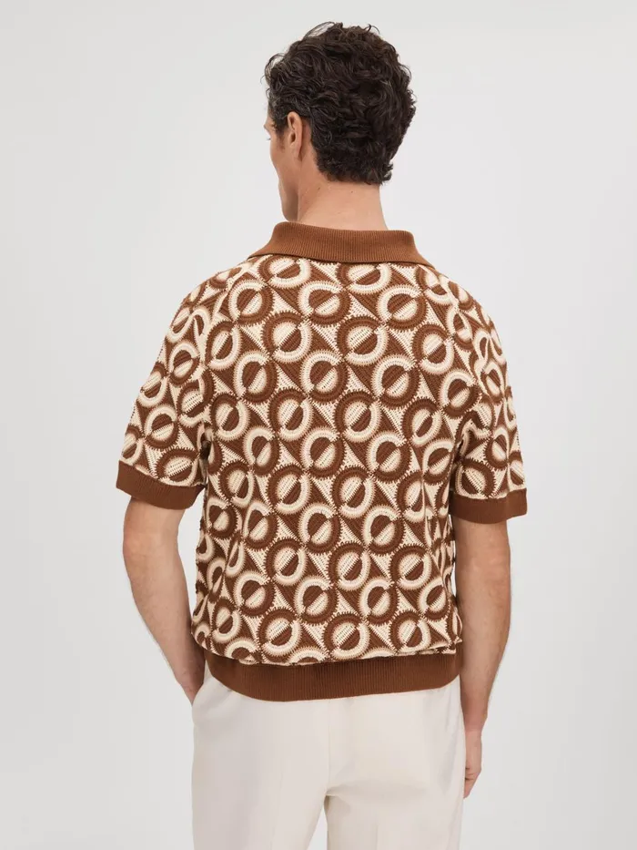 Men Reiss Knitwear Frenchie Crochet Cuban Collar Shirt Tobacco