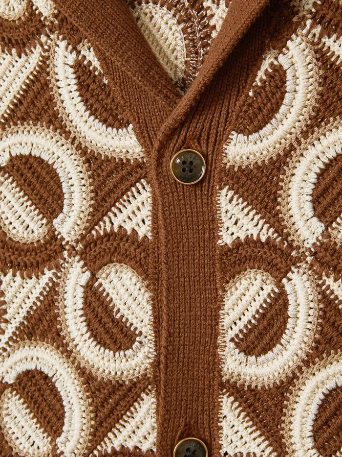 Men Reiss Knitwear Frenchie Crochet Cuban Collar Shirt Tobacco