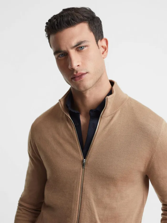 Men Reiss Knitwear Hampshire Merino Wool FunnelNeck Jacket Camel