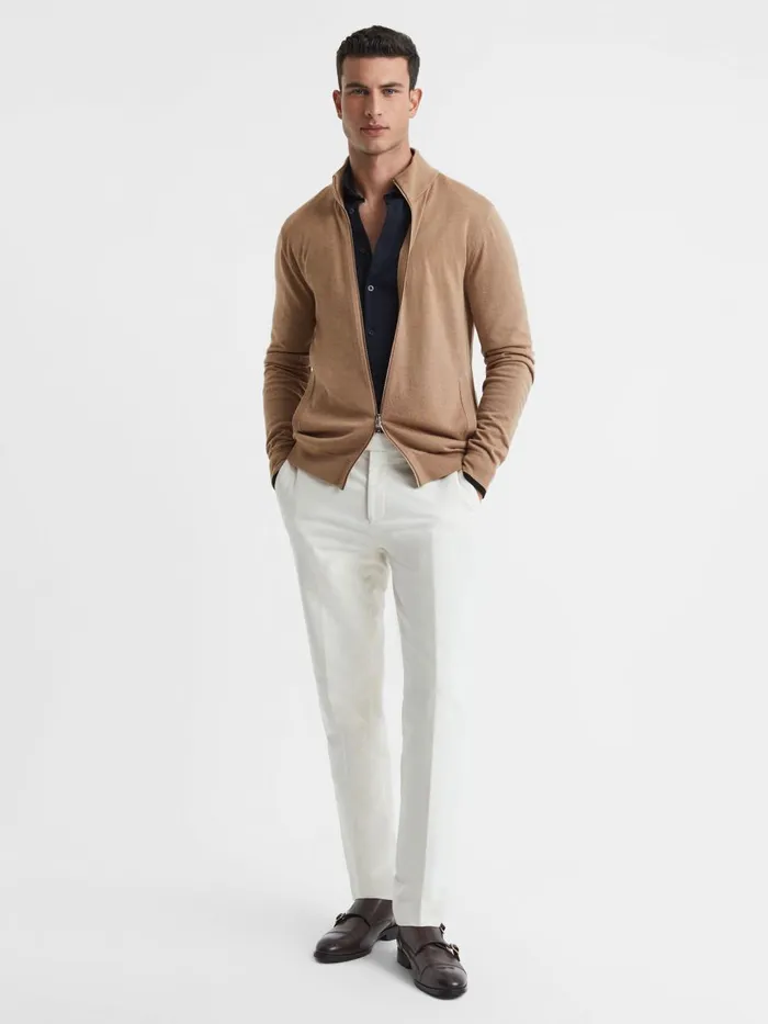 Men Reiss Knitwear Hampshire Merino Wool FunnelNeck Jacket Camel