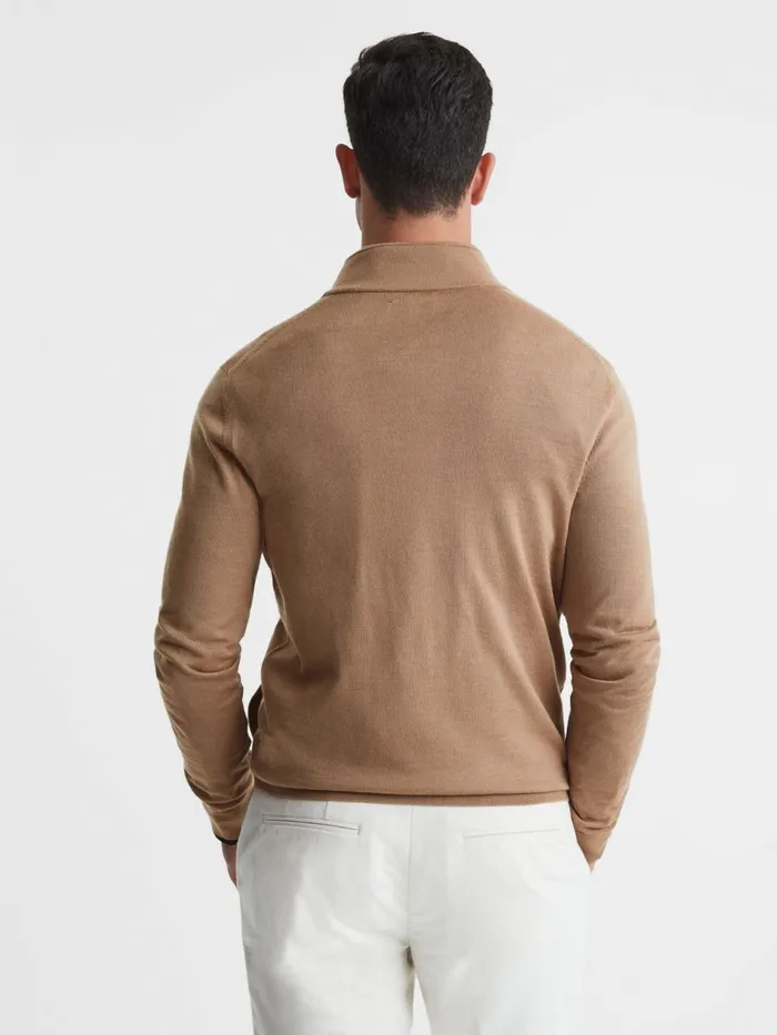 Men Reiss Knitwear Hampshire Merino Wool FunnelNeck Jacket Camel