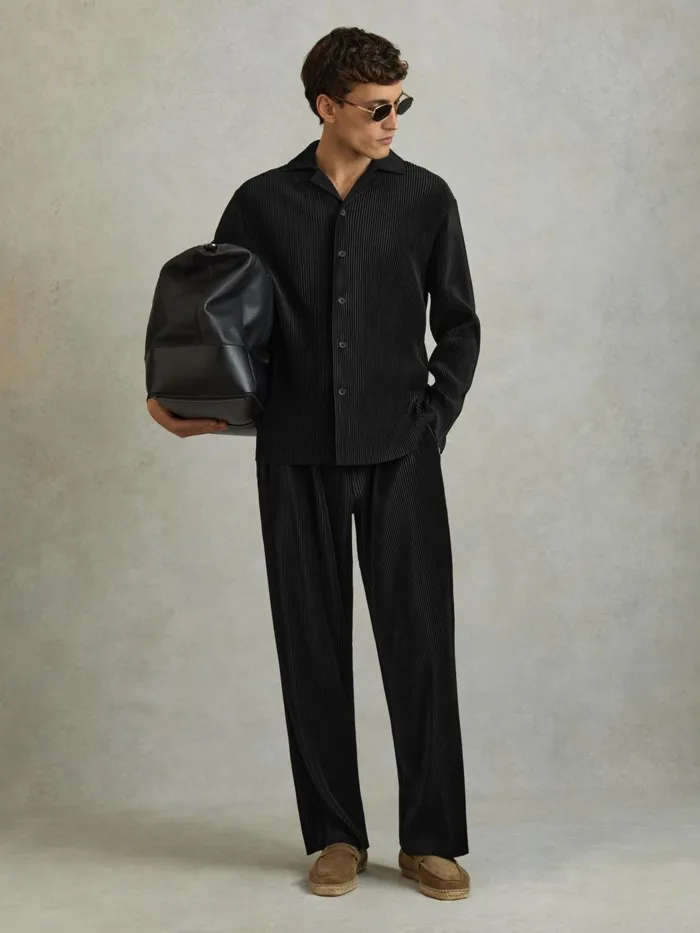 Men Reiss Knitwear Icon Plisse Cuban Collar Shirt Black
