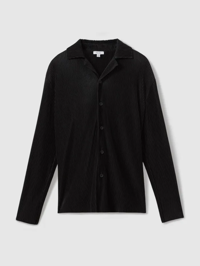 Men Reiss Knitwear Icon Plisse Cuban Collar Shirt Black