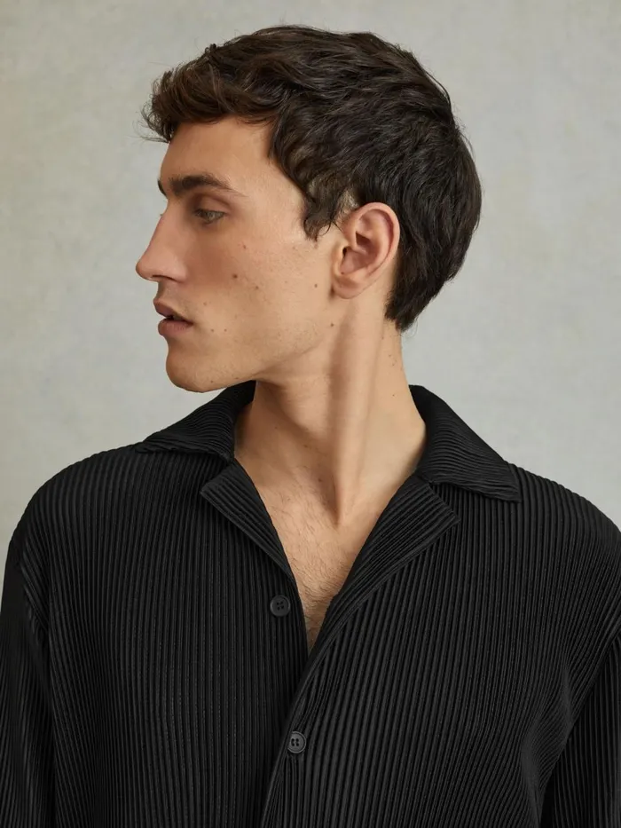 Men Reiss Knitwear Icon Plisse Cuban Collar Shirt Black