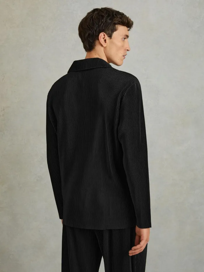 Men Reiss Knitwear Icon Plisse Cuban Collar Shirt Black
