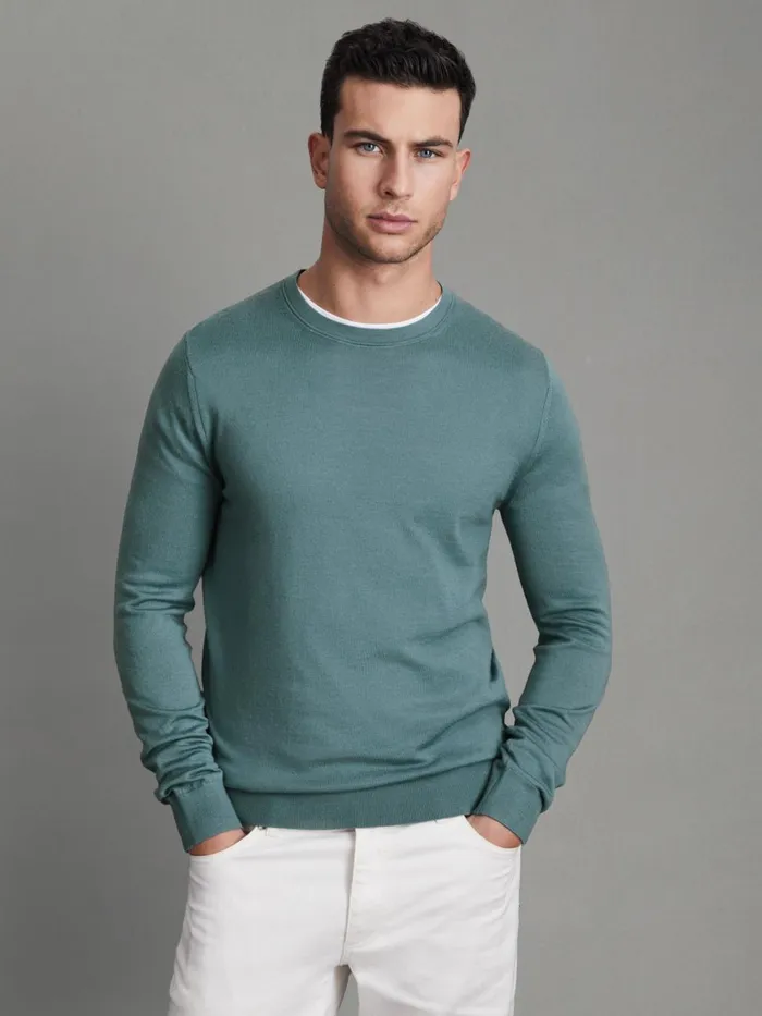 Men Reiss Knitwear Wessex Merino Wool Crew Neck Jumper Ocean Green