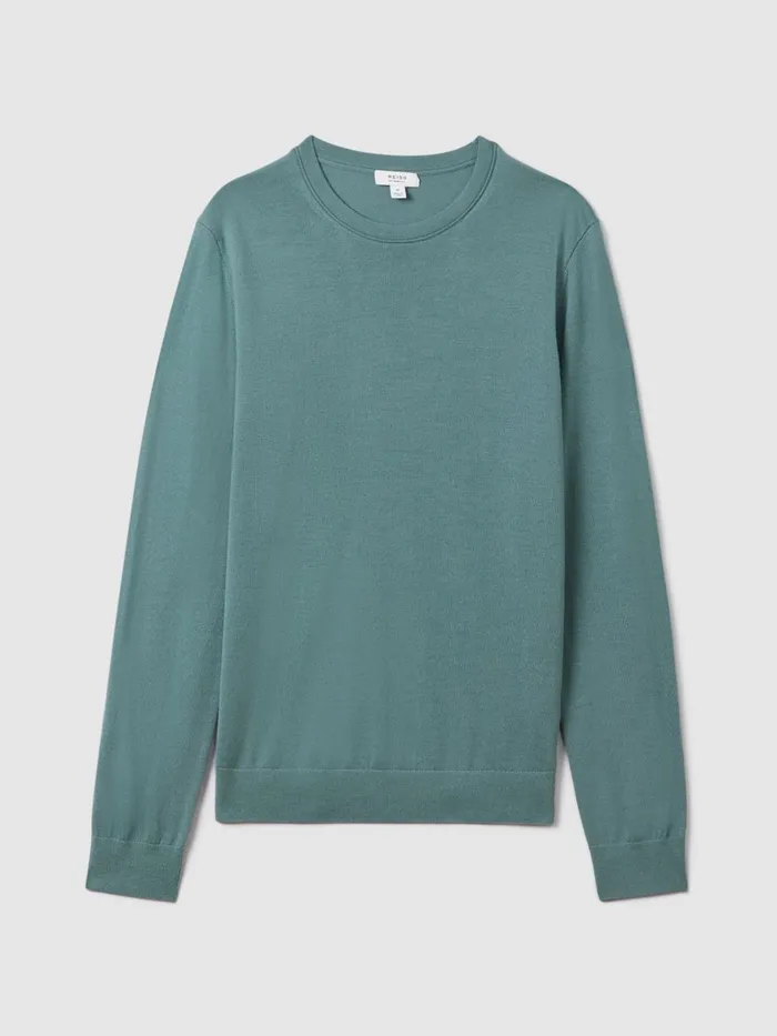 Men Reiss Knitwear Wessex Merino Wool Crew Neck Jumper Ocean Green