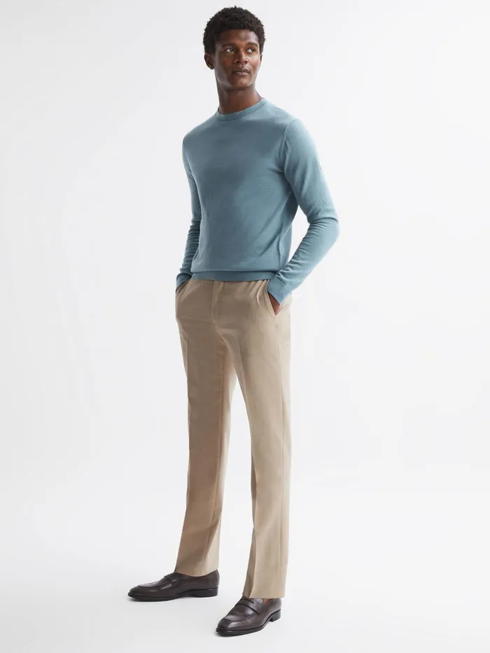 Men Reiss Knitwear Wessex Merino Wool Crew Neck Jumper Stone Blue