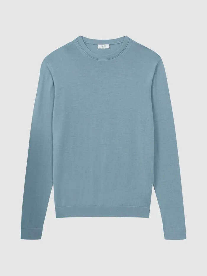 Men Reiss Knitwear Wessex Merino Wool Crew Neck Jumper Stone Blue