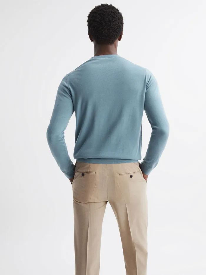 Men Reiss Knitwear Wessex Merino Wool Crew Neck Jumper Stone Blue