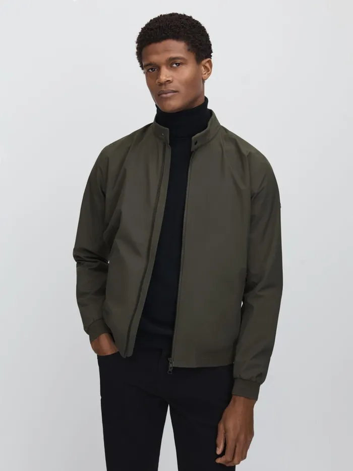 Men Reiss Outerwear and Coats Edition Waterproof HarringtonStyle Jacket Dark Olive