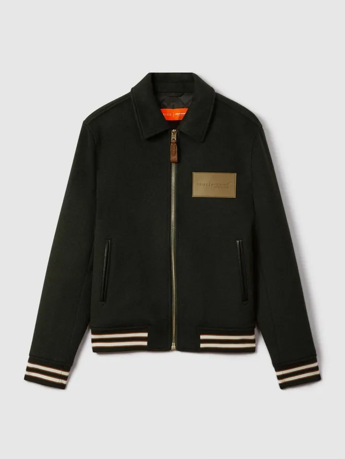 Men Reiss Outerwear and Coats F1 Wool Blend Leather Patch Varsity Bomber Jacket Dark Green