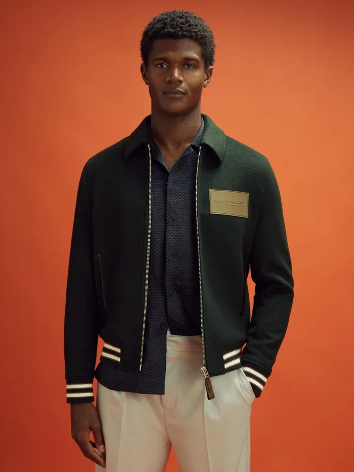 Men Reiss Outerwear and Coats F1 Wool Blend Leather Patch Varsity Bomber Jacket Dark Green