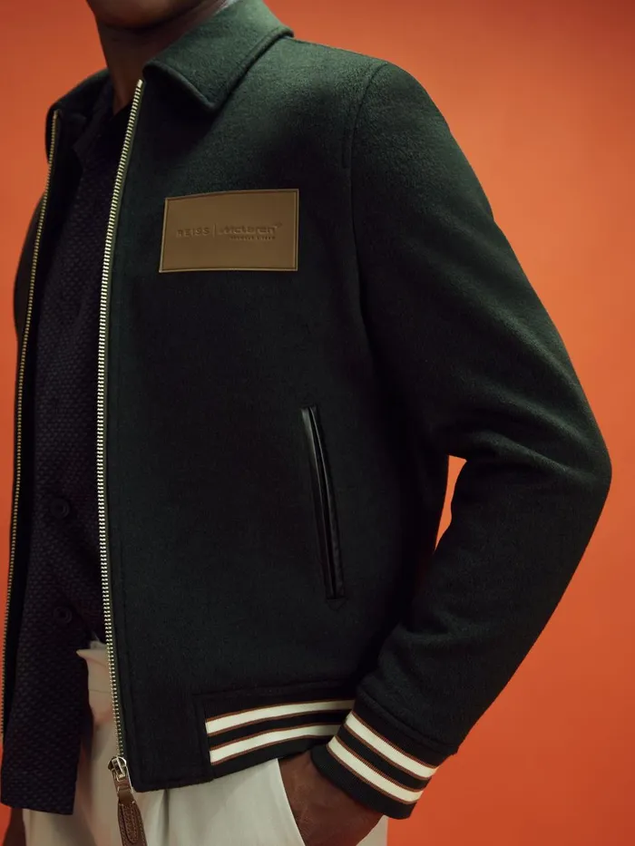 Men Reiss Outerwear and Coats F1 Wool Blend Leather Patch Varsity Bomber Jacket Dark Green