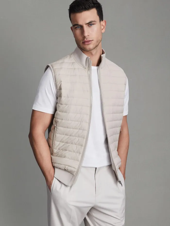 Men Reiss Outerwear and Coats Pluto Hybrid Quilt And Knit ZipThrough Gilet Stone