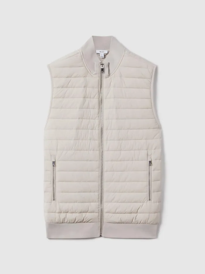 Men Reiss Outerwear and Coats Pluto Hybrid Quilt And Knit ZipThrough Gilet Stone