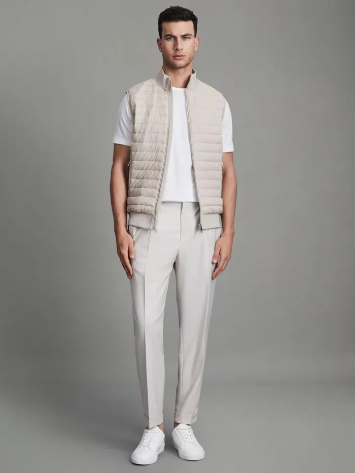 Men Reiss Outerwear and Coats Pluto Hybrid Quilt And Knit ZipThrough Gilet Stone