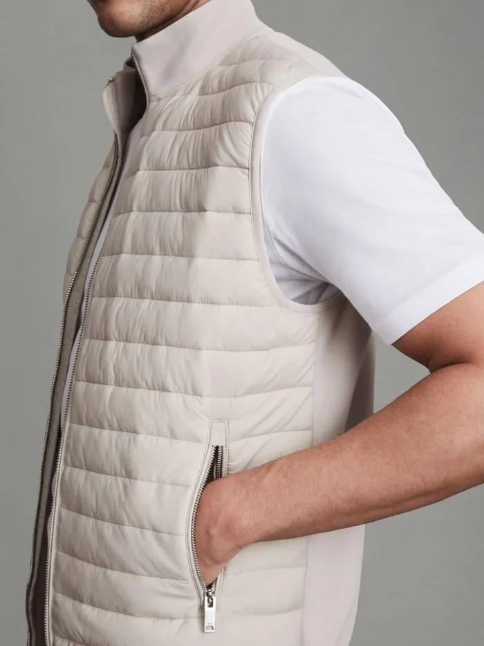 Men Reiss Outerwear and Coats Pluto Hybrid Quilt And Knit ZipThrough Gilet Stone