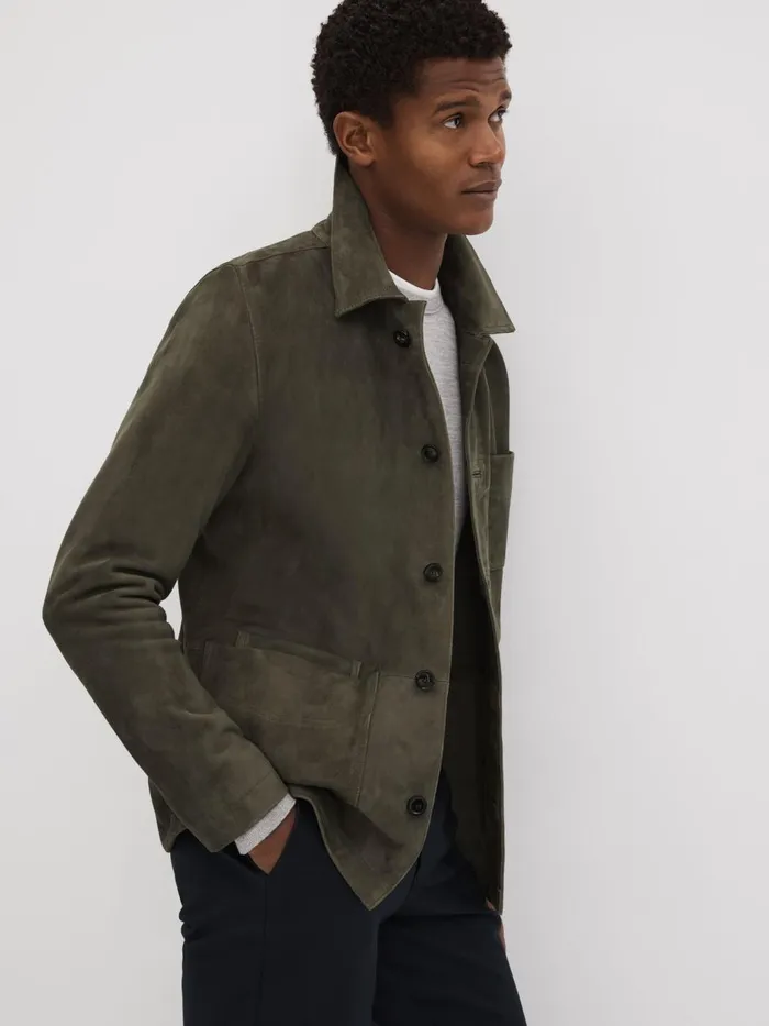 Men Reiss Outerwear and Coats Roma Suede ButtonThrough Jacket Moss Green