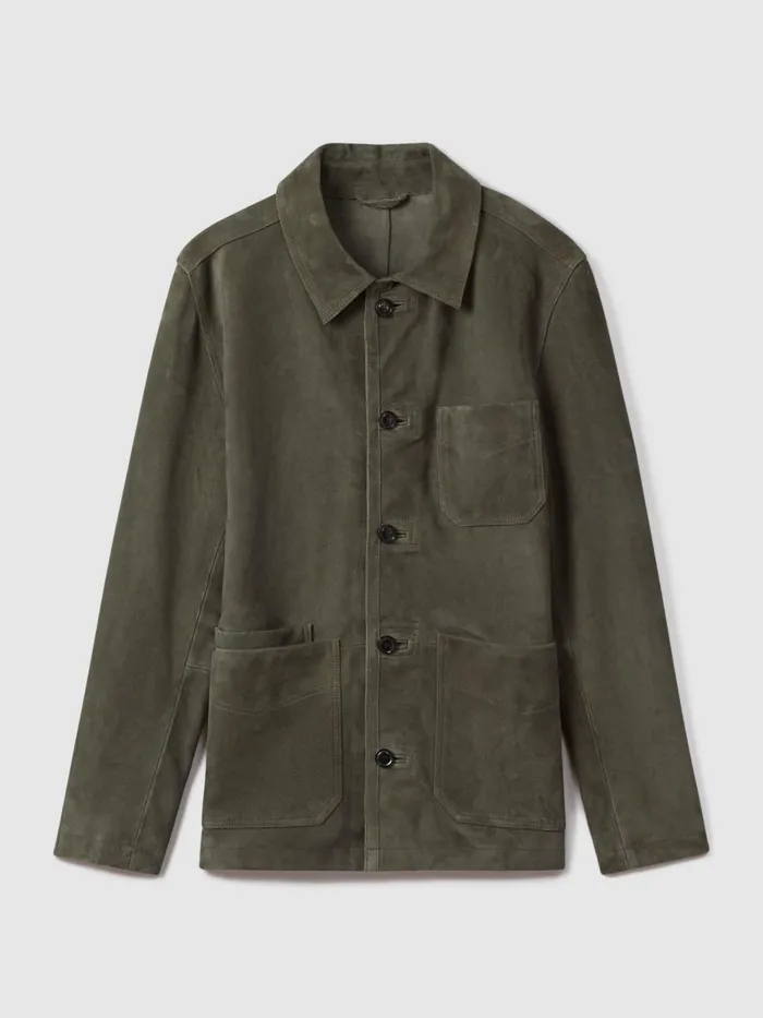 Men Reiss Outerwear and Coats Roma Suede ButtonThrough Jacket Moss Green
