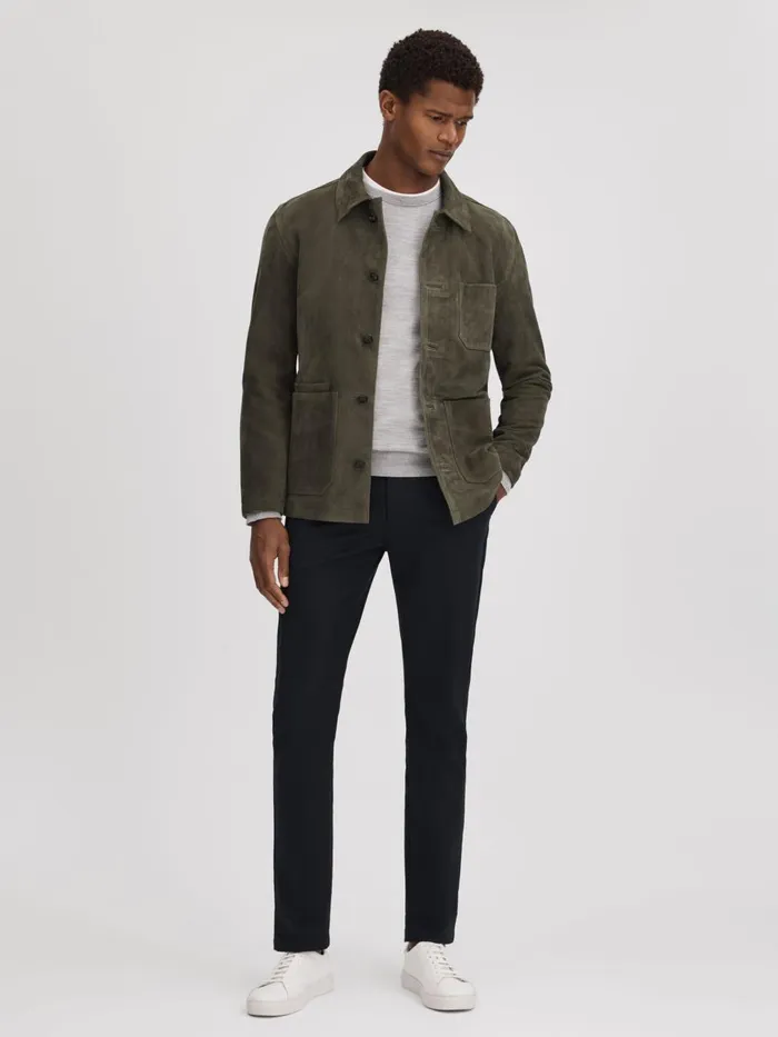 Men Reiss Outerwear and Coats Roma Suede ButtonThrough Jacket Moss Green