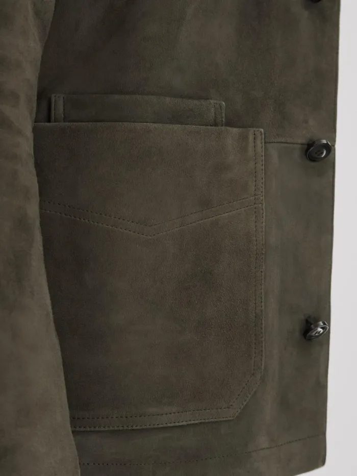 Men Reiss Outerwear and Coats Roma Suede ButtonThrough Jacket Moss Green