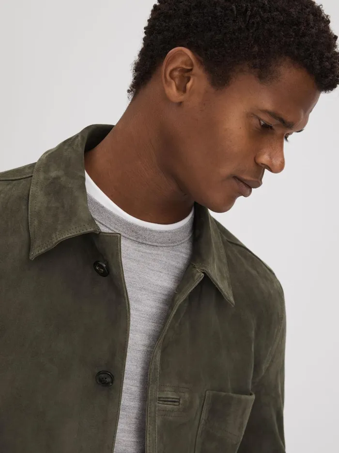Men Reiss Outerwear and Coats Roma Suede ButtonThrough Jacket Moss Green
