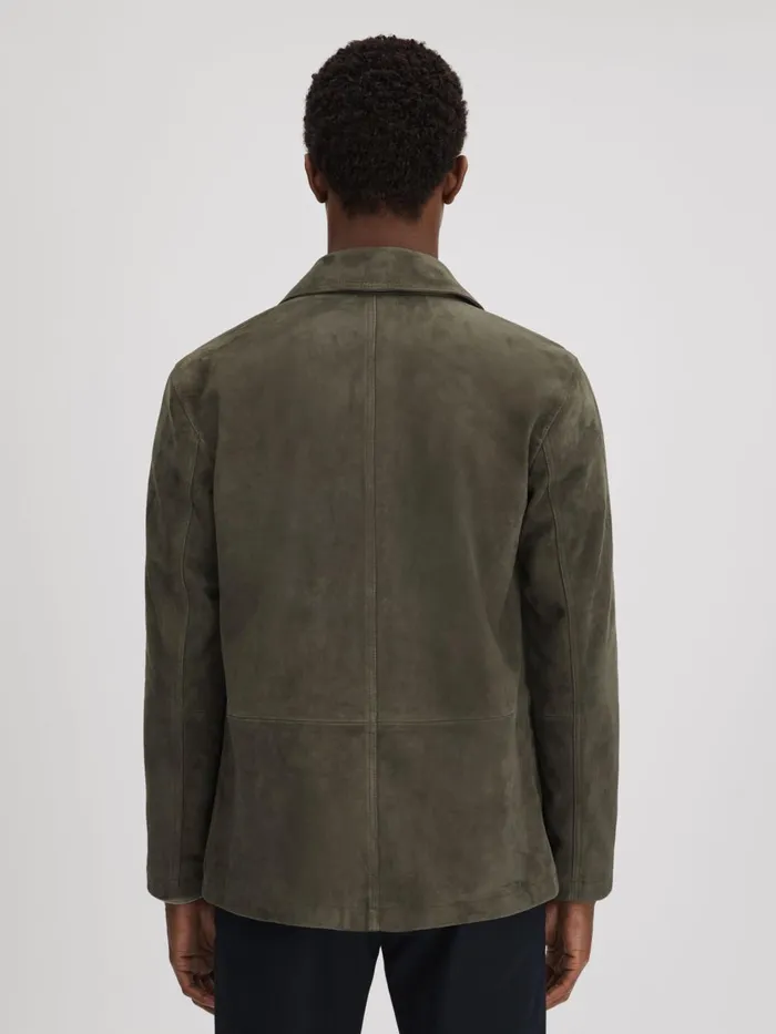 Men Reiss Outerwear and Coats Roma Suede ButtonThrough Jacket Moss Green