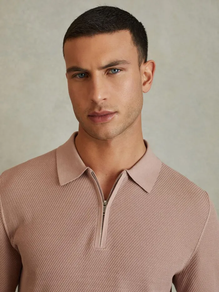 Men Reiss Polo Shirts Ivor Textured HalfZip Polo Shirt Soft Pink