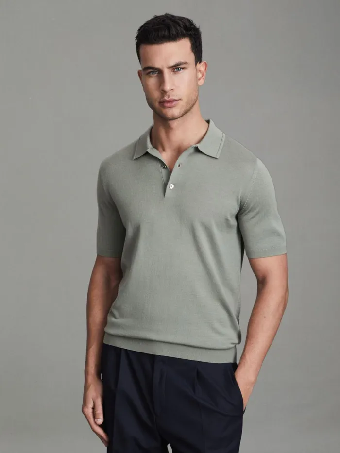 Men Reiss Polo Shirts Manor Slim Fit Merino Wool Polo Shirt Pistachio