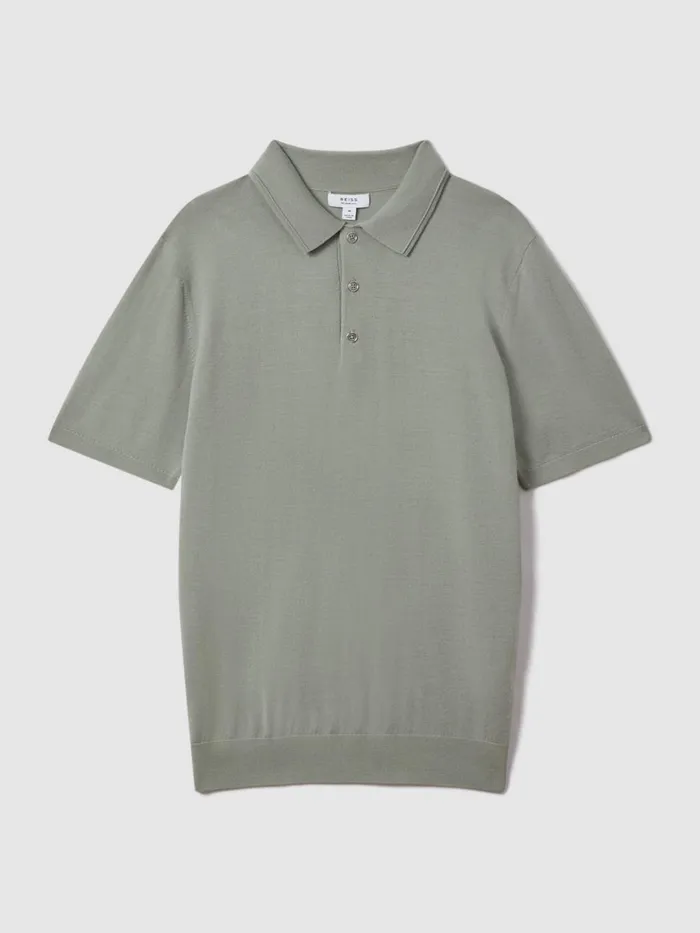 Men Reiss Polo Shirts Manor Slim Fit Merino Wool Polo Shirt Pistachio