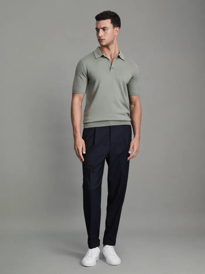 Men Reiss Polo Shirts Manor Slim Fit Merino Wool Polo Shirt Pistachio
