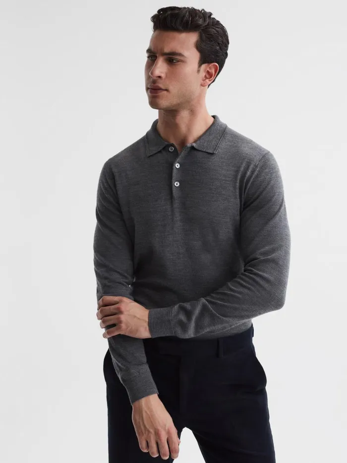 Men Reiss Polo Shirts Trafford Merino Wool Polo Shirt Mid Grey Melange