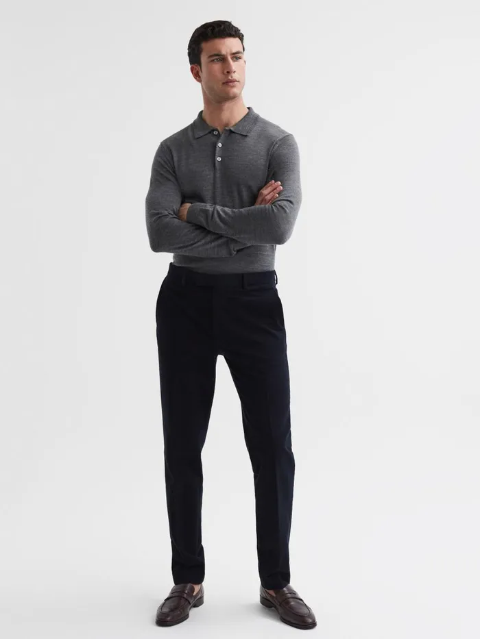 Men Reiss Polo Shirts Trafford Merino Wool Polo Shirt Mid Grey Melange