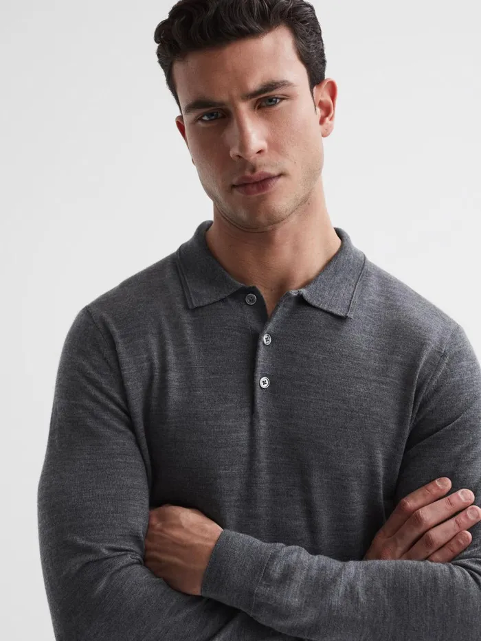 Men Reiss Polo Shirts Trafford Merino Wool Polo Shirt Mid Grey Melange