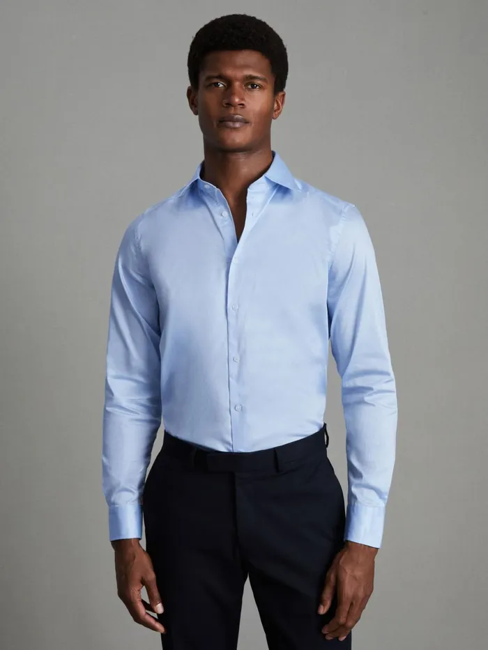 Men Reiss Shirts Frontier Slim Fit Cotton Blend Shirt Blue