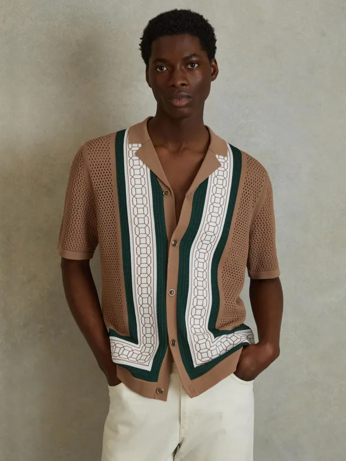 Men Reiss Shirts Jensen Embroidered Cuban Collar Shirt Camelgreen