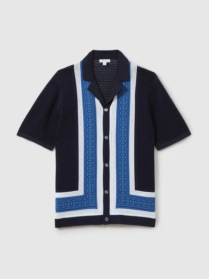 Men Reiss Shirts Jensen Embroidered Cuban Collar Shirt Navy