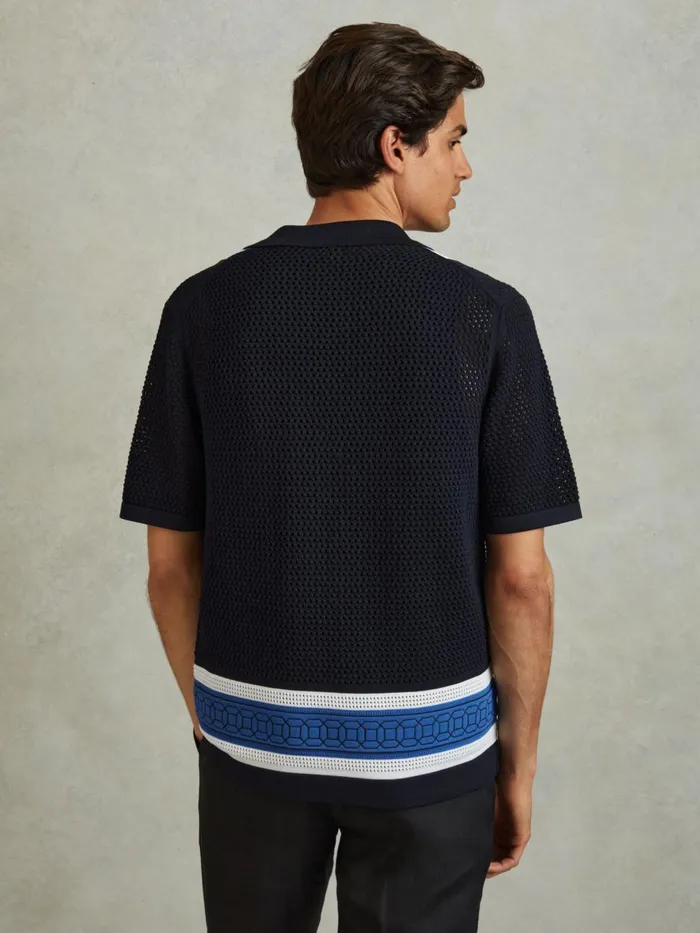 Men Reiss Shirts Jensen Embroidered Cuban Collar Shirt Navy