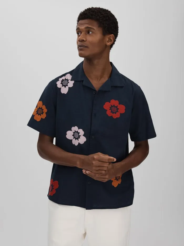Men Reiss Shirts London Relaxed Cotton Linen Applique Shirt Navy