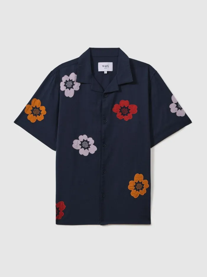 Men Reiss Shirts London Relaxed Cotton Linen Applique Shirt Navy