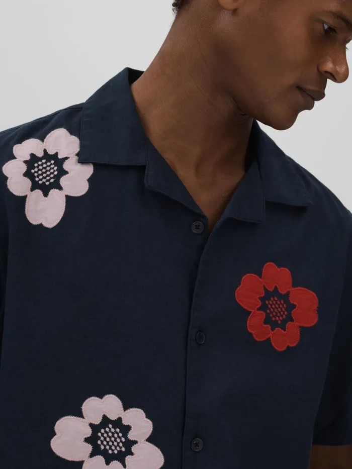 Men Reiss Shirts London Relaxed Cotton Linen Applique Shirt Navy