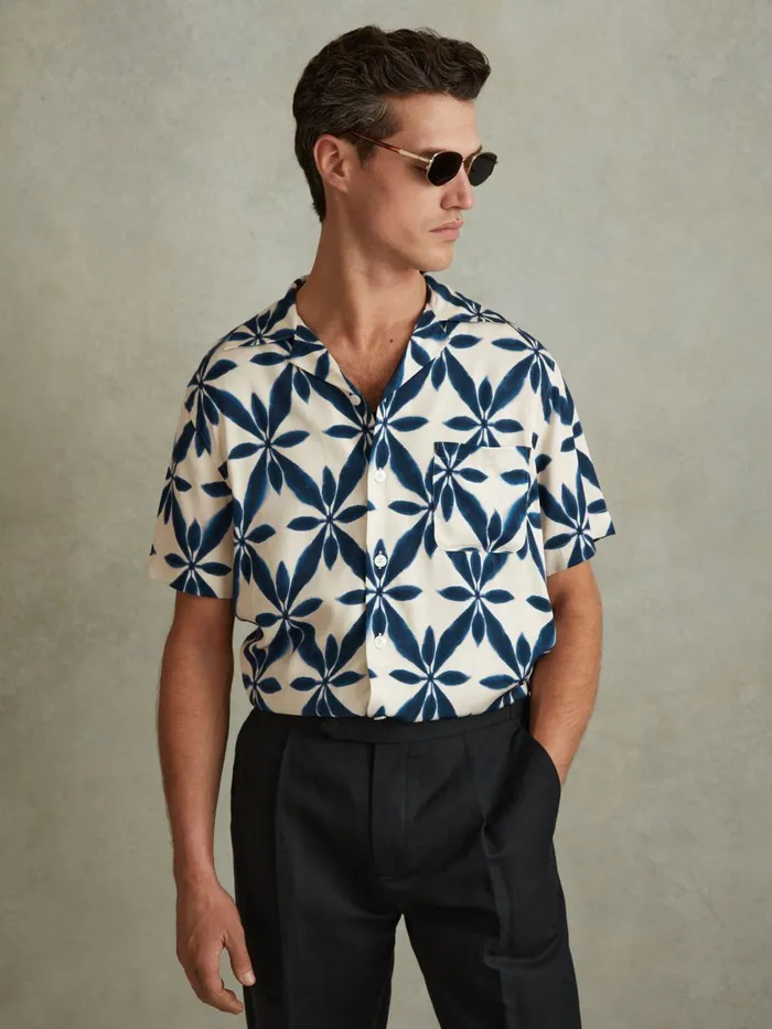 Men Reiss Shirts Marabel Relaxed Printed Cuban Collar Shirt Ecrunavy