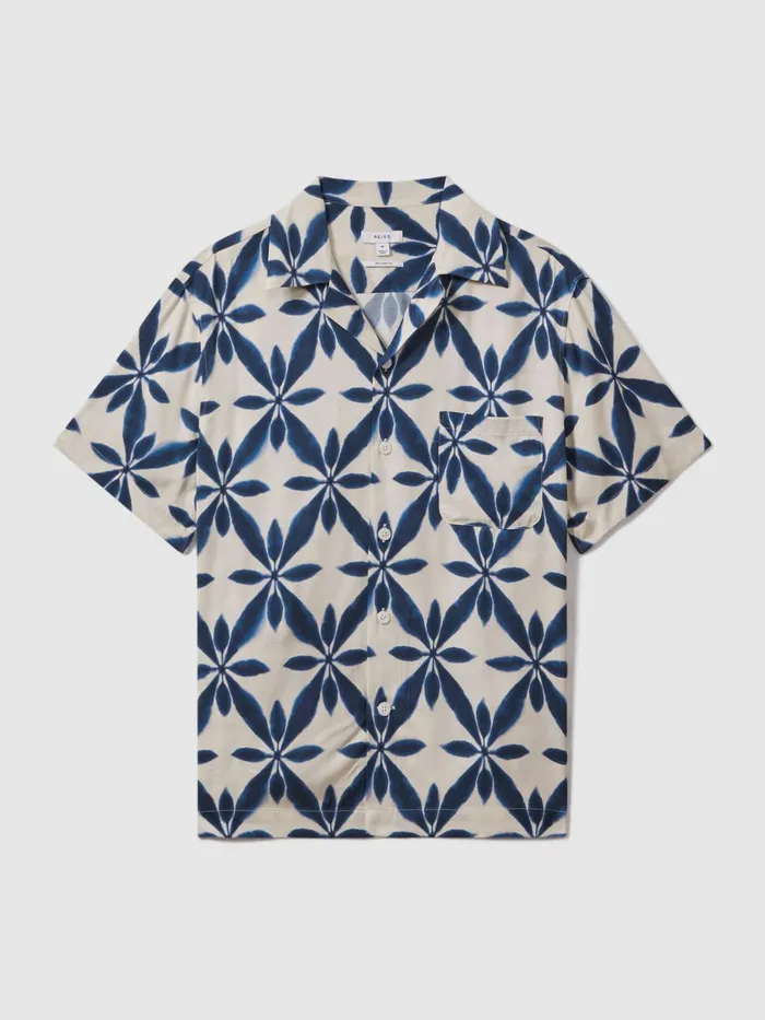 Men Reiss Shirts Marabel Relaxed Printed Cuban Collar Shirt Ecrunavy