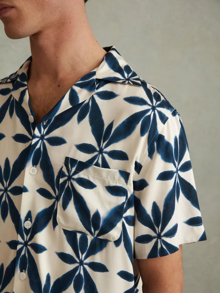 Men Reiss Shirts Marabel Relaxed Printed Cuban Collar Shirt Ecrunavy